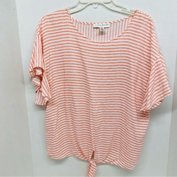 Floral & Vine Front Tie Pullover Blouse Large Coral & White Striped 100% Viscose - Picture 1 of 11